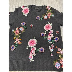 Carlisle Collection Gray Cotton‎ Cashmere Floral Beaded Embroidered Sweater M